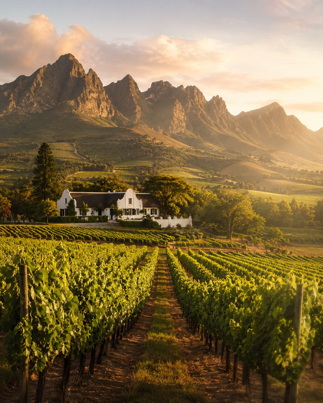 Vineyard rows and oak-lined slopes in the Cape Winelands